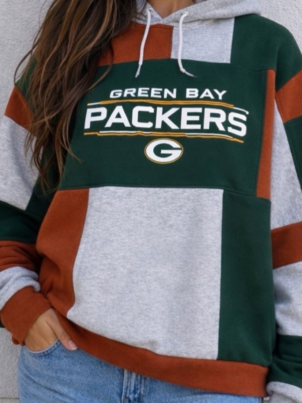 Upcycled Green Bay Packers Colorblock Relaxed Patchwork Gameday Hoodie Sweater